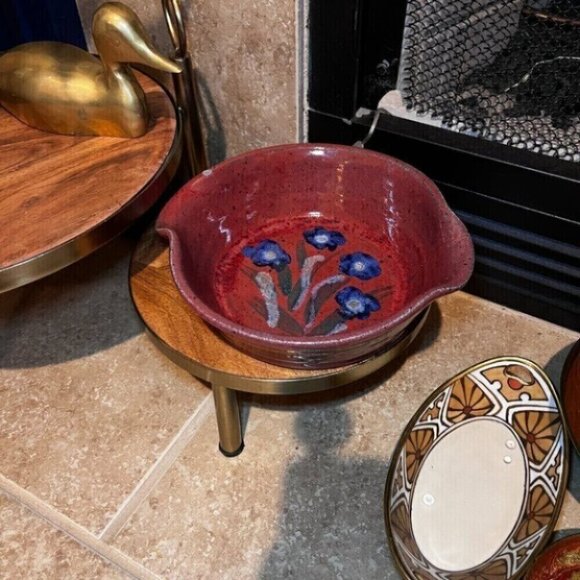 Stoneware red blue flowers bowl handmade OOAK studio pottery - Picture 5 of 10
